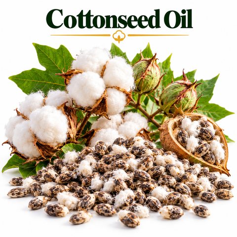 Cottonseed Oil with cotton bolls and cottonseed