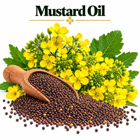 Mustard Oil with mustard flowers and seeds