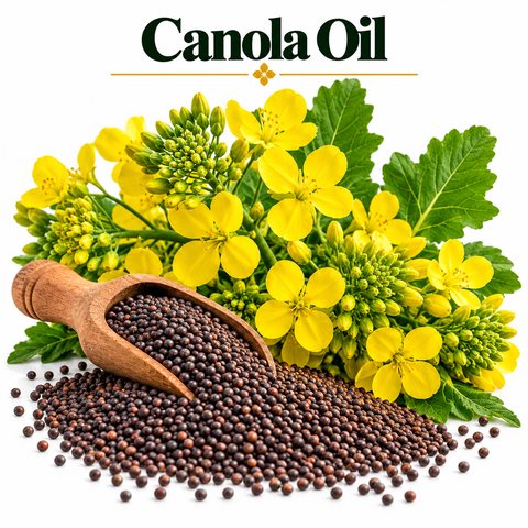 Canola Oil with canola flowers and seeds