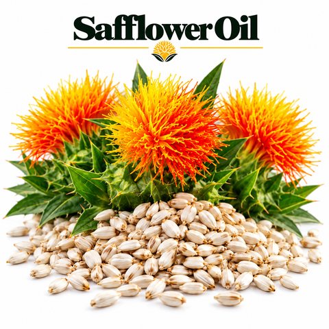 Safflower Oil with safflower blooms and seeds