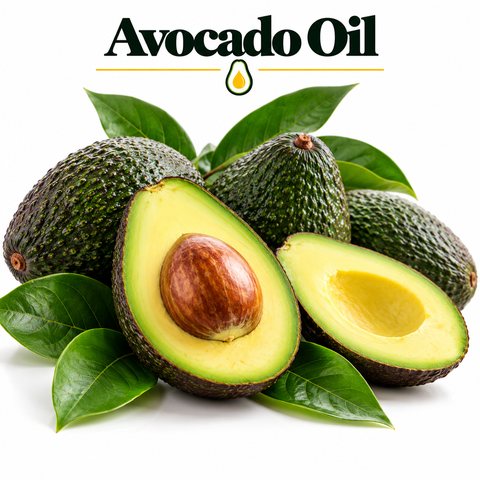 Avocado Oil with halved avocados